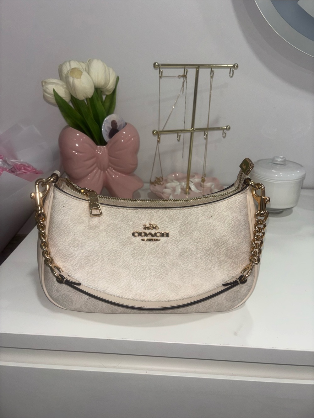 Coach Cream Pebble Leather Shoulder Bag with Gold Hardware